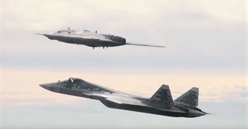 Russia's stealthy Okhotnik heavy UAV conducting a manned/unmanned teaming test flight with an Su-57 fighter. In 2020 the Russian MoD gave priority to unmanned aviation and received its first serial production Su-57.