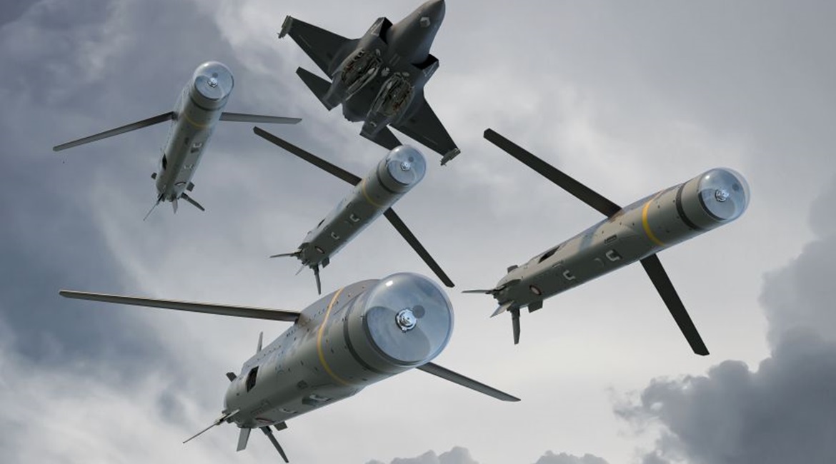 Computer-generated image of a swarm of SPEAR network-enabled medium-to-long-range air-to-surface missile systems being fired from an F-35.