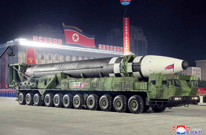 North Korean leader Kim Jong-un referred to the country’s latest ICBM, which was unveiled on 10 October 2020, as a “global strike missile [fitted] with more powerful warheads and an improved warhead control system“. He added that Pyongyang has conducted research “into perfecting the guidance technology for multi-warhead missiles at the final stage”. (KCNA)
