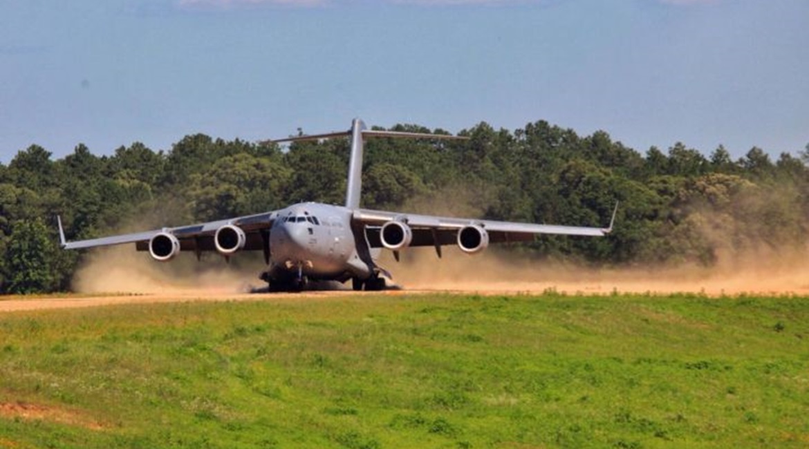 An RAF C-17 practised landing and taking off from the Fort Polk training facility in Louisiana on 26 December 2020.