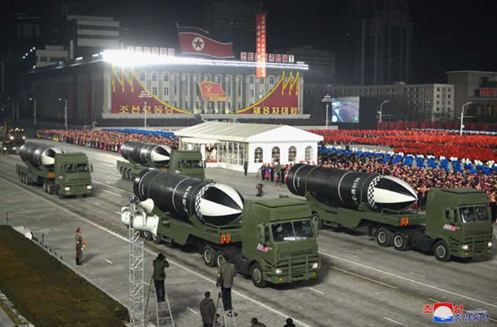 North Korea displayed at least four mock-ups of the new Pukguksong-5 SLBM at a military parade held in the evening on 14 January to mark the end of the Eighth Congress of the ruling WPK.  (KCNA)