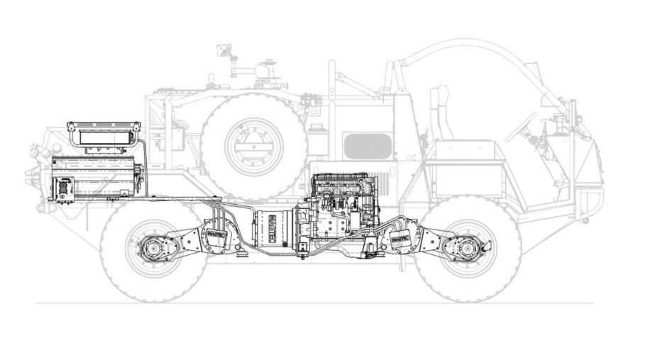 Side drawing of the Jackal 1 4x4 hybrid electric drive, which has a Cummins four-cylinder diesel coupled to a Magtec generator. (Supacat)