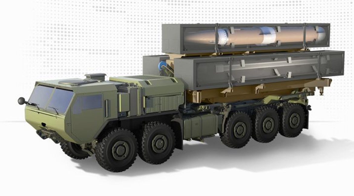 Computer-generated image of the Lockheed Martin OpFires launcher. A throttleable motor and off-road operability furnishes the hypersonic OpFires system with an agility to rapidly engage critical, time-sensitive, medium-range threats.