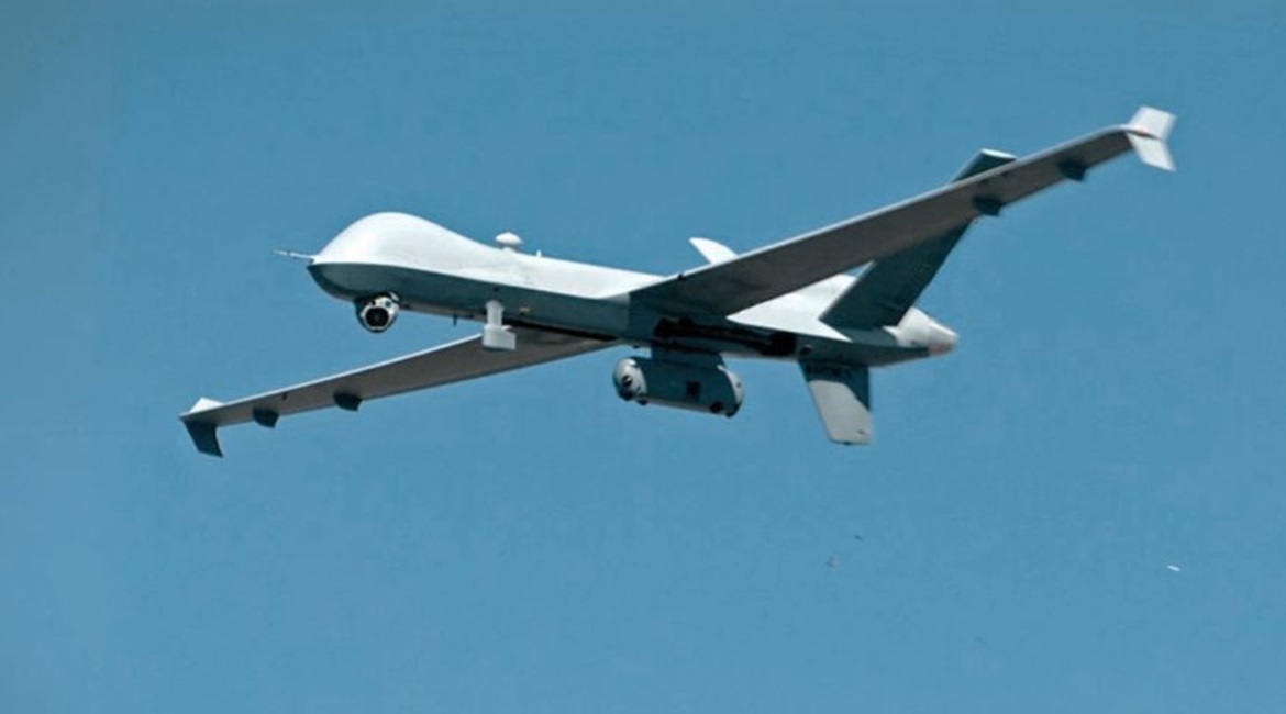 An MQ-9 demonstrating a self-protection pod that would be compatible with both the Reaper and Sky/SeaGuardian unmanned aircraft.