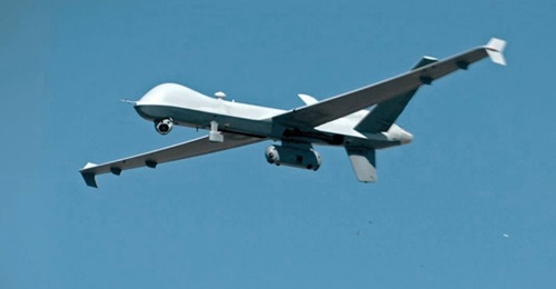 An MQ-9 demonstrating a self-protection pod that would be compatible with both the Reaper and Sky/SeaGuardian unmanned aircraft.