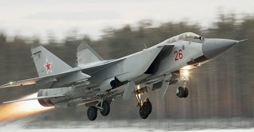 A MiG-31 interceptor departs on a sortie. The VKS aims to field a replacement being developed under the PAK DP programme by the late 2020s.