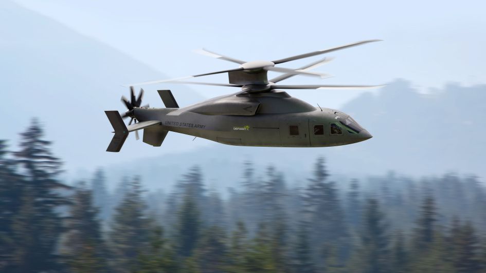 Artist’s illustration of Sikorsky-Boeing’s Defiant X rigid co-axial rotorcraft the team is offering for the US Army’s FLRAA programme. The V-shaped vertical stabiliser design is a modification of the SB>1 Defiant technology demonstrator design. (Sikorsky-Boeing)