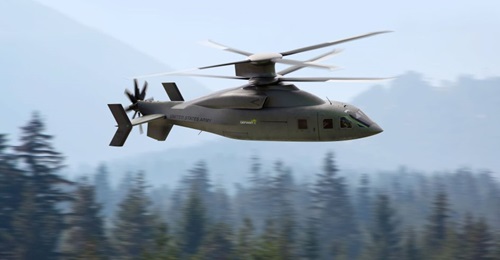 Artist's illustration of Sikorsky-Boeing's Defiant X rigid co-axial rotorcraft the team is offering for the US Army's FLRAA programme. The V-shaped vertical stabiliser design is a modification of the SB>1 Defiant technology demonstrator design.