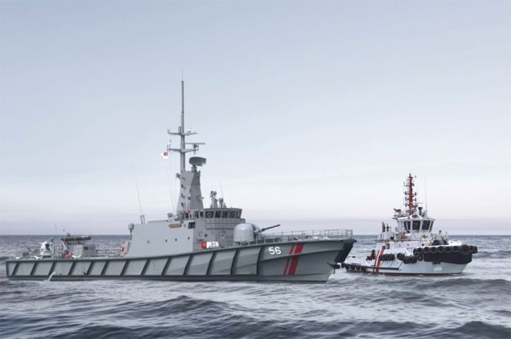 A computer-generated depiction of the Maritime Security and Response Flotilla’s Sentinel-class vessel (left) and response tugboat. (Republic of Singapore Navy)