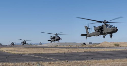 A group of AH-64E version 6 Apache helicopters depart the Boeing manufacturing facilities at Mesa, Arizona, on 13 January bound for Joint Base Lewis-McChord in Washington. The aircraft were delivered to the 1-229th Attack Reconnaissance Battalion.