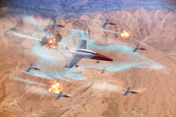 An artist’s impression of how a drone swarm might enable the UK to add mass to its capable but numerically inferior manned combat aviation capabilities. (Leonardo)