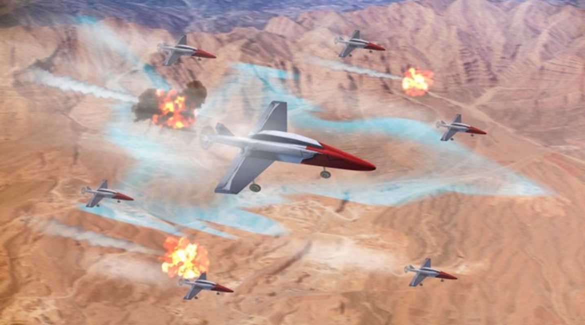 An artist's impression of how a drone swarm might enable the UK to add mass to its capable but numerically inferior manned combat aviation capabilities.