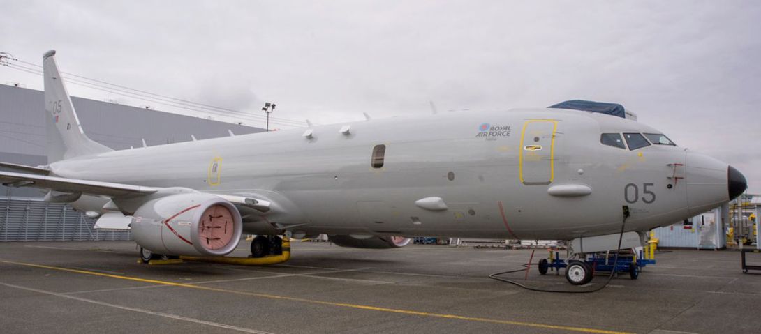 The fifth of nine Boeing P-8A Poseidon MRA1 maritime multi-mission aircraft (MMA) for the Royal Air Force (RAF), aircraft ZP805 named Fulmar, seen in the US prior to its delivery to the United Kingdom on 2 February 2021. (Boeing)
