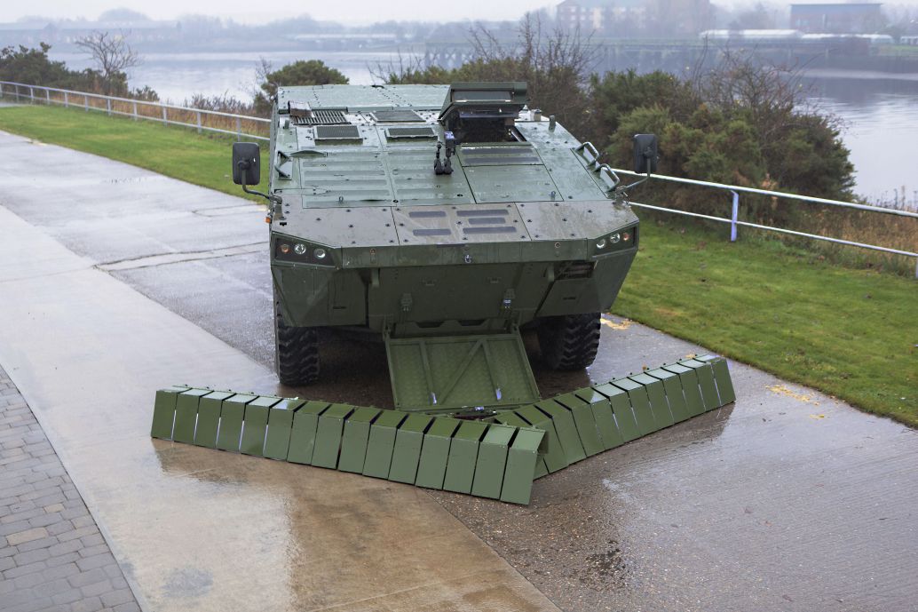 Threat-Sense and Threat-Pathway shown on a representative AFV. The systems can be fitted to many military vehicles and provide an organic capability to self-extract from a position where mines prevent further manoeuvre. (Pearson Engineering)