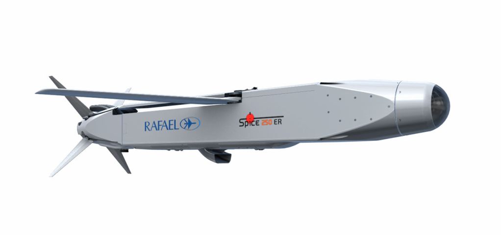 Externally identical to the unpowered SPICE 250 glide munition, the SPICE 250 ER is furnished with a micro-turbojet engine. Note the retractable air intake on the underside of the weapon, and the aft exhaust vent for the ER variant. (Rafael Advanced Defense Systems)