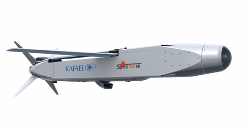 Externally identical to the unpowered SPICE 250 glide munition, the SPICE 250 ER is furnished with a micro-turbojet engine. Note the retractable air intake on the underside of the weapon, and the aft exhaust vent for the ER variant.
