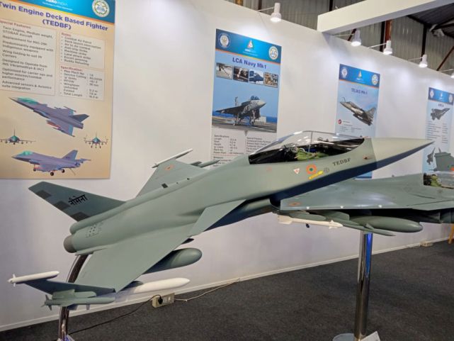 A concept model for the TEDBF for the Indian Navy was shown for the first time at Aero India 2021. (Janes/Akshara Parakala)