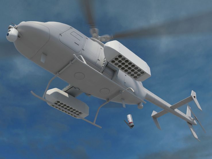 An artist’s impression of a Fire Scout unmanned helicopter dropping a sonobuoy from one of two external pods. (Northrop Grumman)