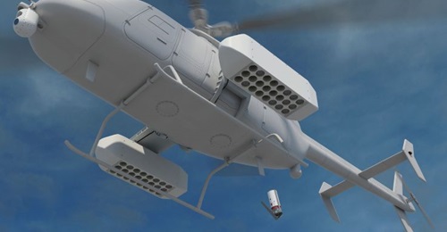 An artist's impression of a Fire Scout unmanned helicopter dropping a sonobuoy from one of two external pods.