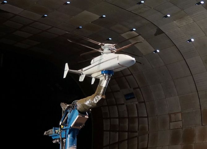 A scale model of the Sikorsky-Boeing SB>1 Defiant undergoes testing at the US Air Force’s National Full-Scale Aerodynamics Complex at Moffett Field in Mountain View, California, in November 2019. (US Air Force)