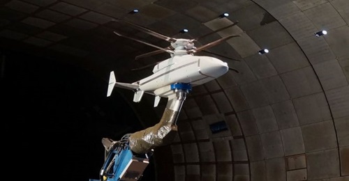 A scale model of the Sikorsky-Boeing SB>1 Defiant undergoes testing at the US Air Force's National Full-Scale Aerodynamics Complex at Moffett Field in Mountain View, California, in November 2019.