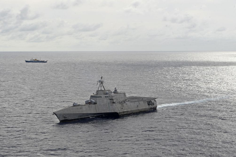 
        US Navy Independence-class littoral combat ship USS 
        Gabrielle Giffords
         conducts routine operations in the vicinity of the Chinese research vessel 
        Hai Yang Di Zhi 4 Hao
         in July 2020 as part of a rotational deployment in the US 7th Fleet’s area of operations. US President Joe Biden announced on 10 February the formation of a Pentagon task force on China. 
       (US Navy/Navy Petty Officer 2nd Class Brenton Poyser)