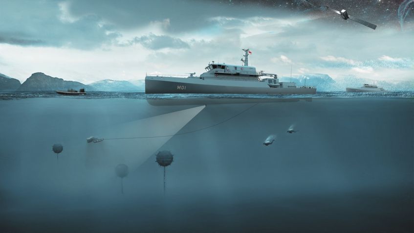 A computer-generated image of the two MCMVs that German shipyard Abeking & Rasmussen is building for the Indonesian Navy. Each vessel will be equipped with two MAN 12V175D-MM engines. (Via MAN Energy Solutions)