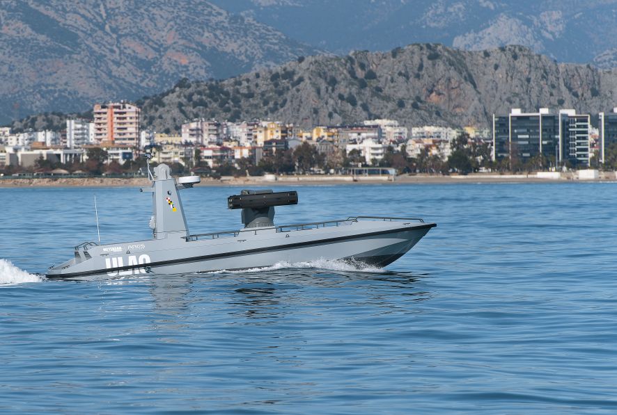 The 11 m long ULAQ armed USV prototype seen on sea trials.  (Ares Shipyard/Meteksan Defence)