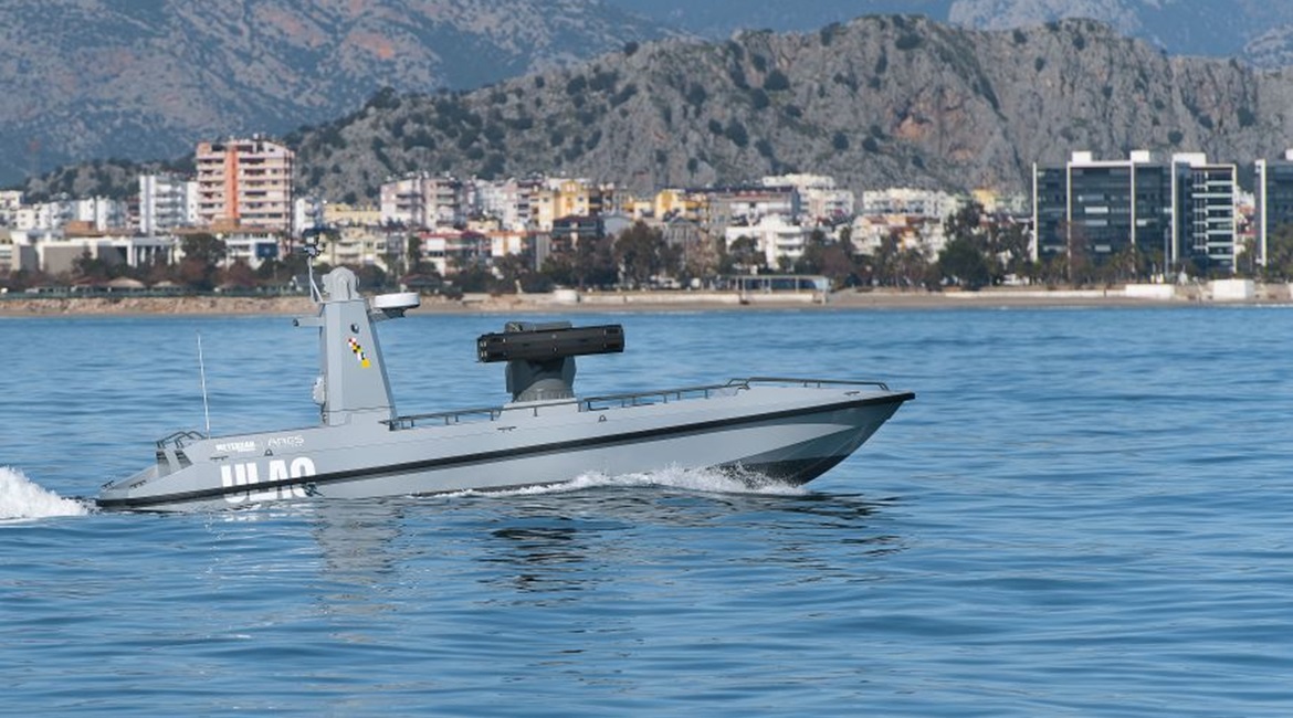 The 11 m long ULAQ armed USV prototype seen on sea trials.