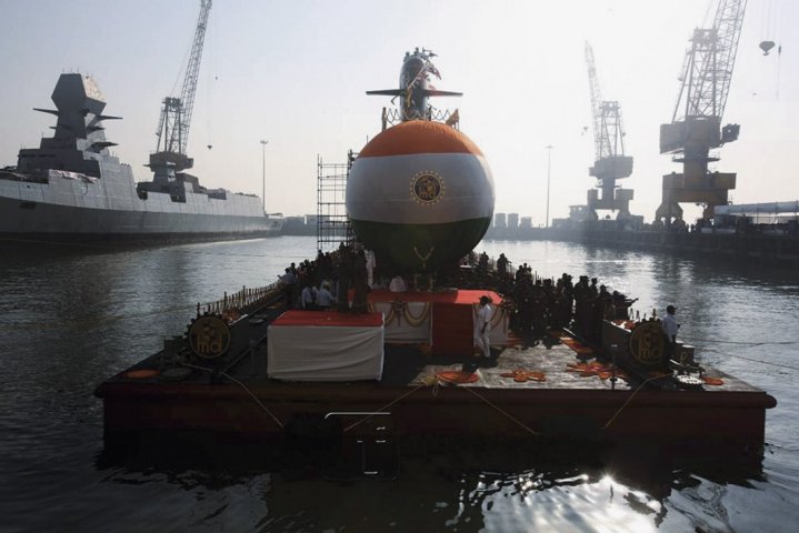 Karanj
        , the third of six Kalvari (Scorpène)-class SSKs ordered for the IN, is seen here during its launch ceremony in Mumbai on 31 January 2018. The submarine was formally handed over to the service on 15 February 2021.
       (Indian Navy)