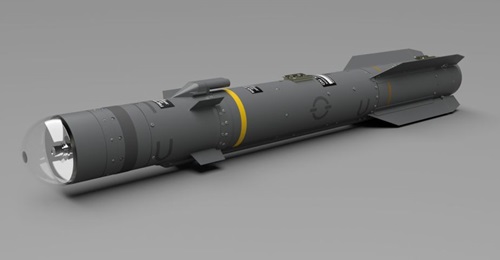 A Brimstone 3 missile shown here in a new operational colour scheme. The B3B software capability upgrade will be integrated with the Brimstone 3A (B3A) Capability Sustainment Programme (CSP) new-build missile to eventually deliver the enhanced Brimston...