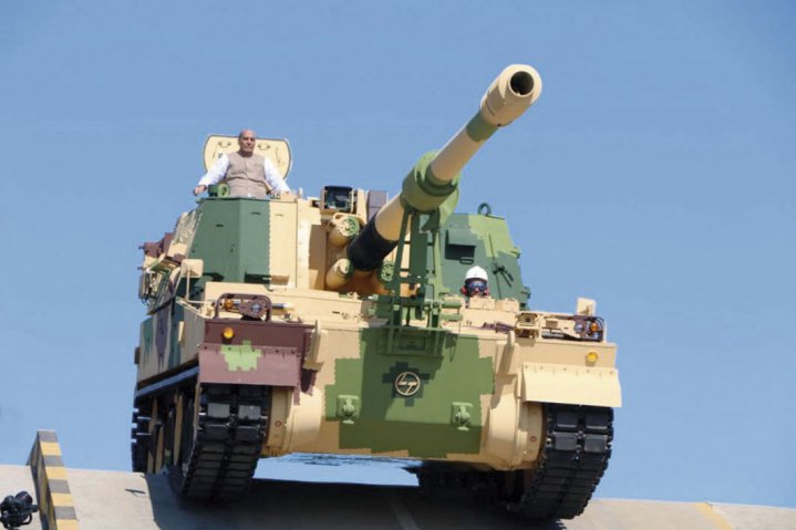 Indian Defence Minister Rajnath Singh on a K9 Vajra-T SPH during a visit to L&T’s Armoured System Complex in January 2020. L&T announced on 18 February 2021 that it has completed deliveries of all 100 K9 Vajra-Ts ordered for the Indian Army in May 2017.  (Indian MoD)