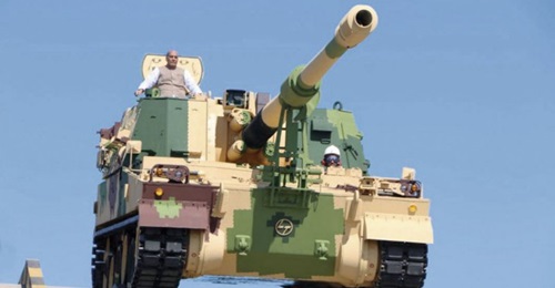 Indian Defence Minister Rajnath Singh on a K9 Vajra-T SPH during a visit to L&T's Armoured System Complex in January 2020. L&T announced on 18 February 2021 that it has completed deliveries of all 100 K9 Vajra-Ts ordered for the Indian Army in May 2017.