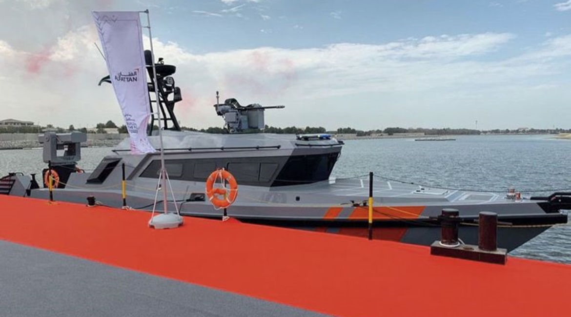 A screen capture of video imagery supplied by ADNEC of a UAE Coast Guard 16 m Al Fattan patrol craft (CG 1601).