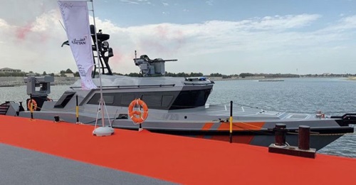 A screen capture of video imagery supplied by ADNEC of a UAE Coast Guard 16 m Al Fattan patrol craft (CG 1601).