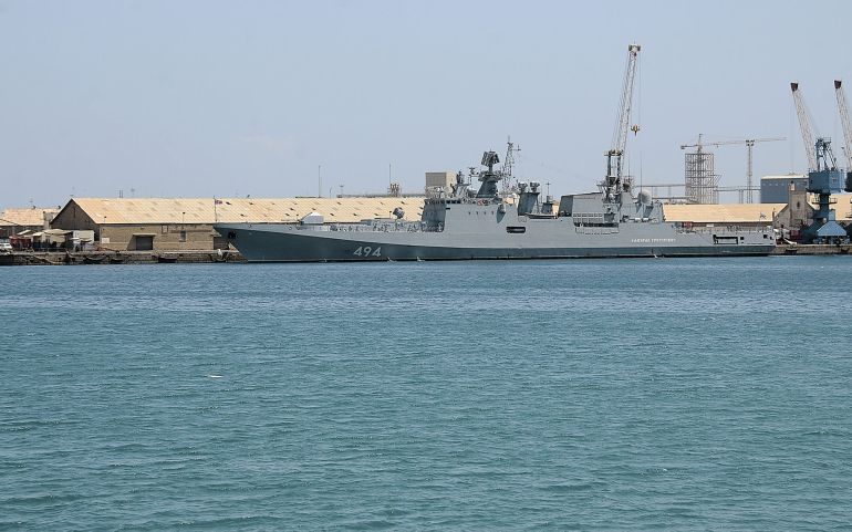 
        The Russian frigate 
        Admiral Grigorovich
         docked in Port Sudan on 1 March, the same day USS 
        Winston S Churchill
         arrived. 
       (Stringer/AFP via Getty Images)