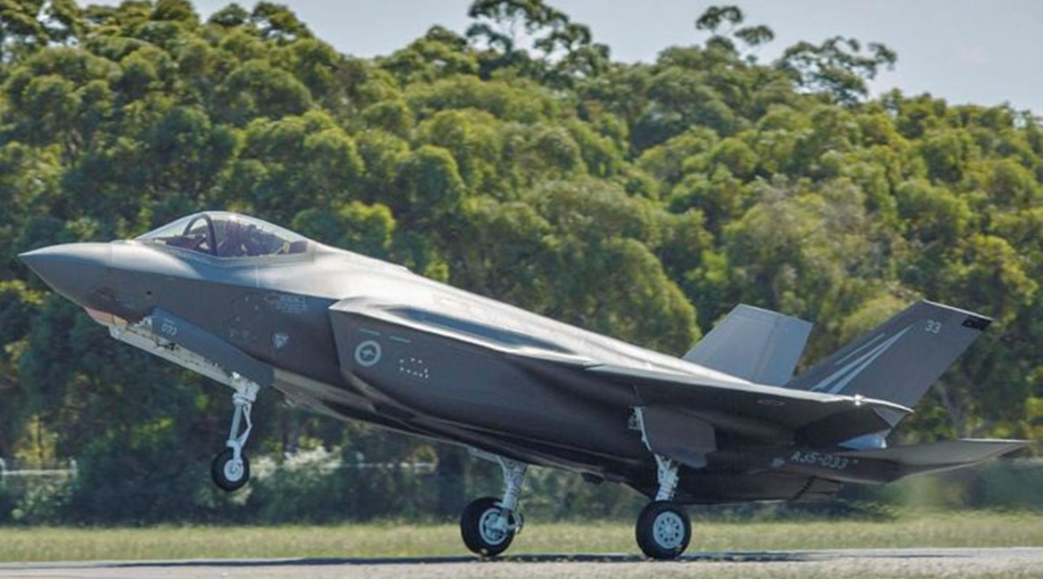An Australian F-35A fighter (with serial number A35-033) is seen here touching down at RAAF Base Williamtown in February after transiting from the United States.