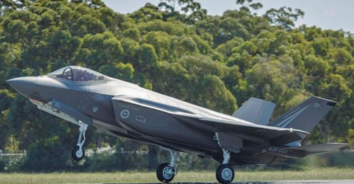 An Australian F-35A fighter (with serial number A35-033) is seen here touching down at RAAF Base Williamtown in February after transiting from the United States.