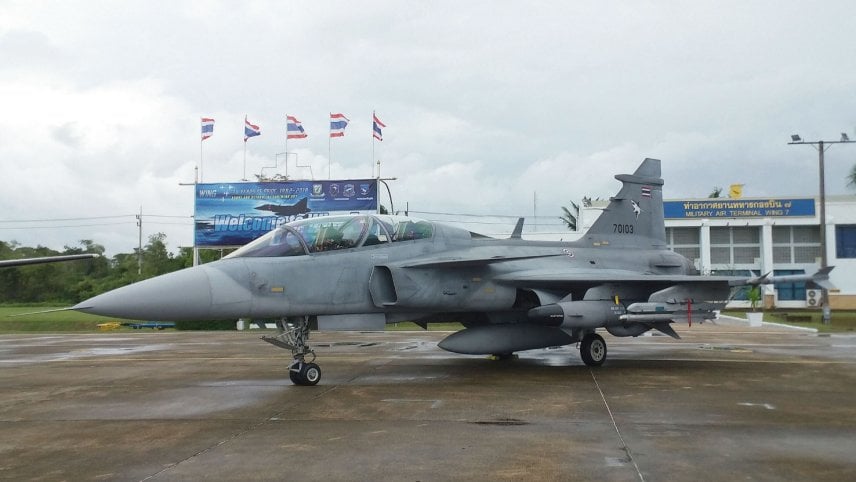 An RTAF Gripen D on the tarmac at Surat Thani Air Force Base, armed with RBS15F anti-ship missiles, as well as AIM-9 Sidewinder and IRIS-T short-range air-to-air missiles. The service has awarded a contract to Sweden for the upgrade of its fleet of Gripen C/D multirole combat aircraft to the latest MS20 standard. (Janes/Gabriel Dominguez)