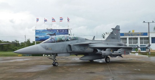 An RTAF Gripen D on the tarmac at Surat Thani Air Force Base, armed with RBS15F anti-ship missiles, as well as AIM-9 Sidewinder and IRIS-T short-range air-to-air missiles. The service has awarded a contract to Sweden for the upgrade of its fleet of Gri...
