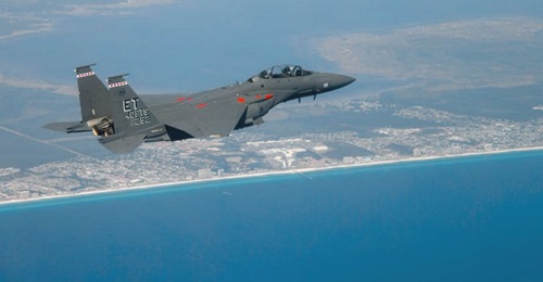 An EPAWSS-equipped F-15 Eagle making its initial flight in April 2019.