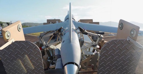 A ScanEagle UAV being displayed on its pneumatic launcher at the inauguration ceremony of Malaysia's 601 Squadron on 4 March 2021.