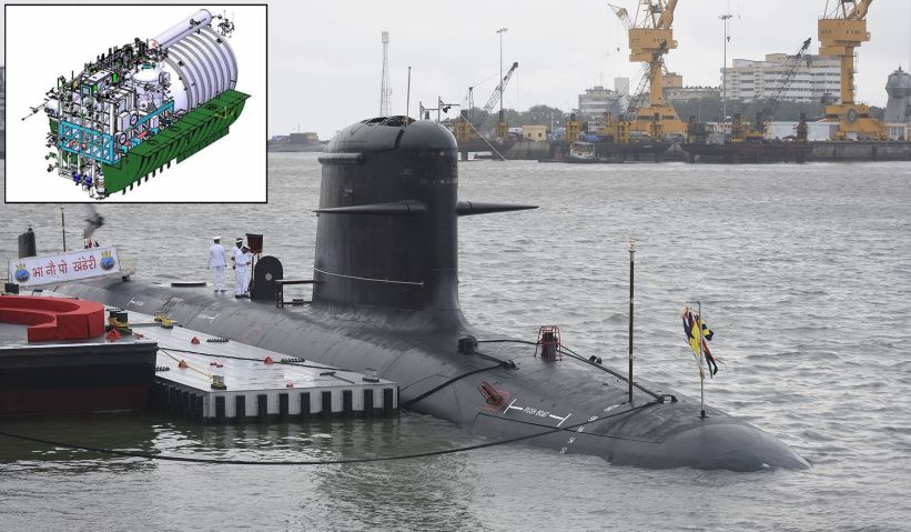 
        INS 
        Khanderi
        , the second of six Project 75 Kalvari-class submarines, pictured just prior to its commissioning in September 2019. The Indian Navy plans to retrofit the DRDO’s phosphoric acid fuel cell AIP system to the class during refit. 
       (Richard Scott/NAVYPIX) + (DRDO)