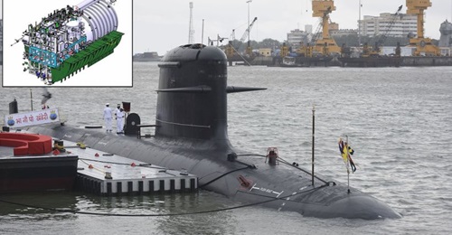 INS 
        
        , the second of six Project 75 Kalvari-class submarines, pictured just prior to its commissioning in September 2019. The Indian Navy plans to retrofit the DRDO's phosphoric acid fuel cell AIP system to the class during re...