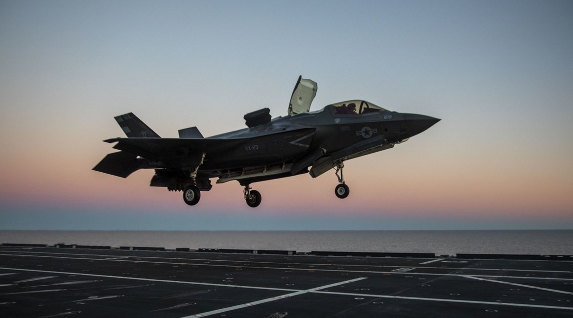 F-35 test pilot Major Brad Leeman performs a vertical landing with an F-35B aboard Italian aircraft carrier ITS 
        
         (CVH 550) on 3 March 2021. The Pentagon and Lockheed Martin reached a settlement over costs incurred by the Depa...