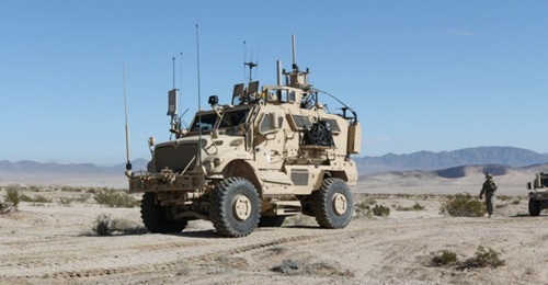 A US Army tactical vehicle conducts training operations at Fort Irwin, California.
