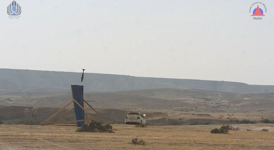 A still from a video shows an Iron Sting mortar round accurately hitting a target during trials. (Israeli Minsitry of Defense)