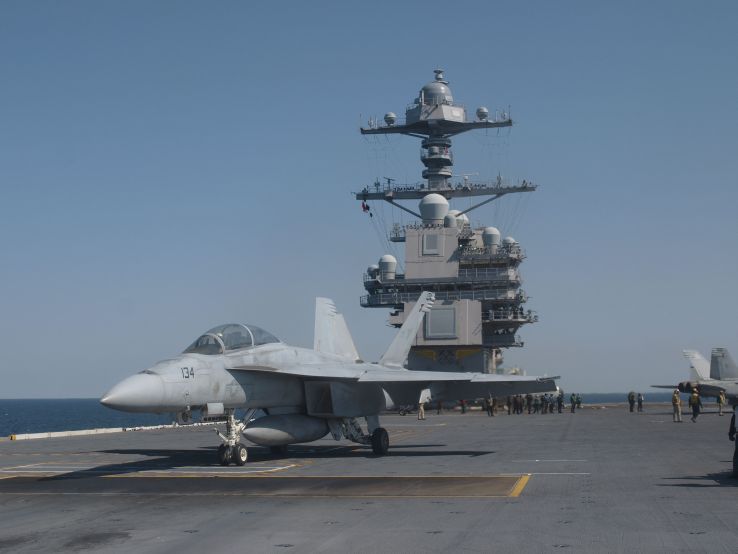 
        Aircraft carrier USS 
        Gerald R Ford
         is testing combat systems equipment as it qualifies naval pilots for ship-flight operations.
       (Michael Fabey)