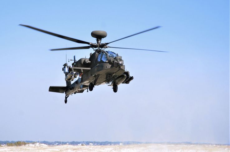 The AH-64E Apache testbed used for the demonstration can be seen with a pair of Spike NLOS missiles on its right-side outer weapons pylon. (US DoD)