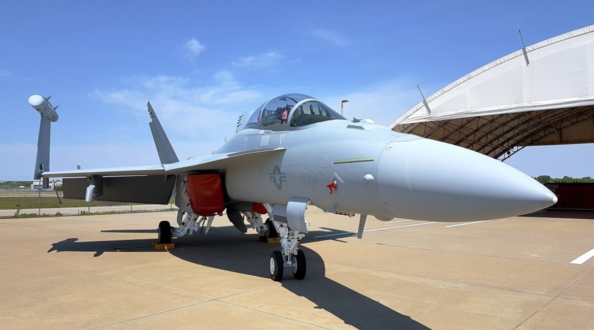 An EA-18G Growler electronic attack aircraft on the apron at Boeing's St Louis production facility. The US Navy plans to upgrade all 160 of its aircraft  with further international opportunities likely to follow.